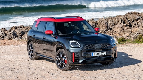 Mini Countryman JCW review - front view, black, parked on a beach