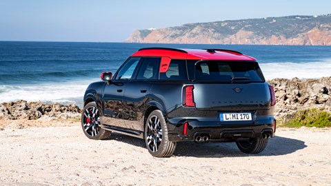 Mini Countryman JCW review - rear view, black, parked on a beach