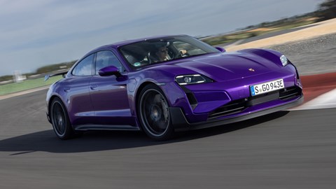 Porsche Taycan Turbo GT review - Purple Sky Metallic, Weissach package, front view, driving on track