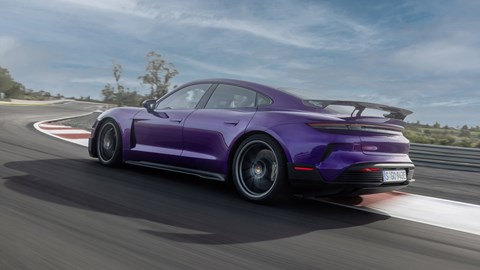 Porsche Taycan Turbo GT review - Purple Sky Metallic, Weissach package, rear view, driving on track