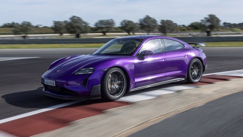 Porsche Taycan Turbo GT review - Purple Sky Metallic, Weissach package, front view, driving round corner on track