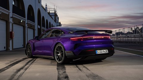 Porsche Taycan Turbo GT review - Purple Sky Metallic, Weissach package, rear view, pitlane at night