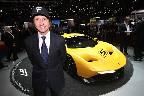 Emerson Fittipaldi with the Pininfarina EF7 at the 2017 Geneva motor show