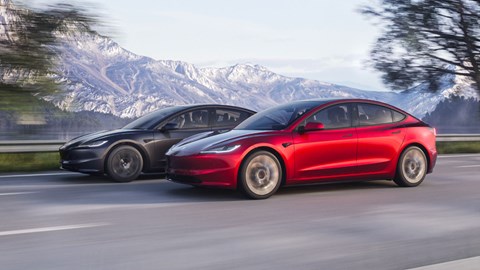 Tesla Model 3 facelift: front three quarter driving, red paint