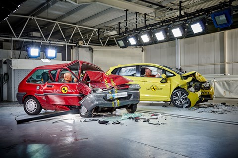 The post-crash aftermath: Rover 100 crumples, Honda Jazz stays firm