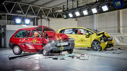 The post-crash aftermath: Rover 100 crumples, Honda Jazz stays firm