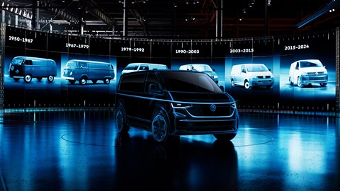 New VW Transporter teaser picture showing design highlights as a kind of van-shaped Tron lightcycle, with background of previous models for context