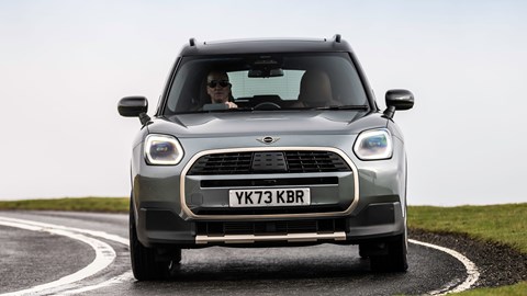 MINI Countryman (2024) review: front cornering, British B-road, silver and gold paint