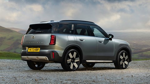 MINI Countryman (2024) review: rear three quarter static, British B-road, silver and gold paint