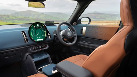 MINI Countryman (2024) review: dashboard, infotainment system and front seats, tan faux leather upholstery