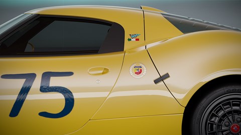Abarth Classiche 1300 OT - yellow, side detail, showing graphics, 'hand painted' door numbers, classic-style alloy wheels and roof scoop