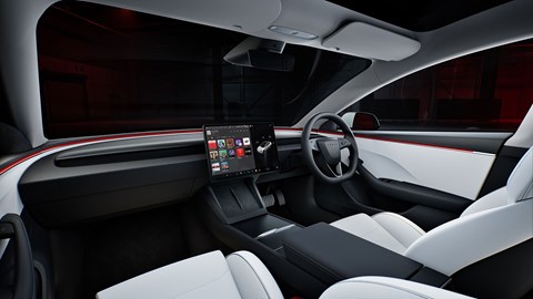 Tesla Model 3 Performance: interior, dashboard and infotainment system, white upholstery