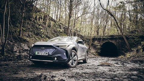 Subaru Solterra, grey, low front three-quarters, static