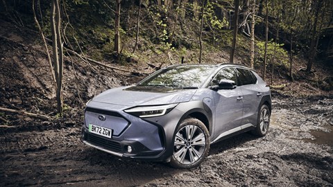 Subaru Solterra, grey, front right three-quarters, static