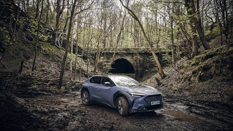 Subaru Solterra, grey, front left three-quarters, static