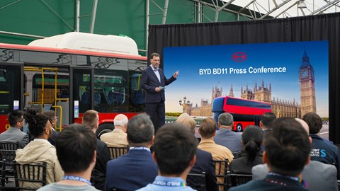 Press conference for the BYD BD11 London bus, a fully electric red double-decker