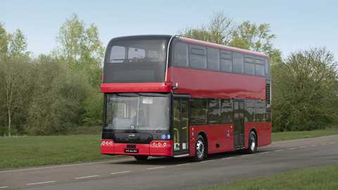 BYD BD11 is a new electric double-decker bus for London - front view, red