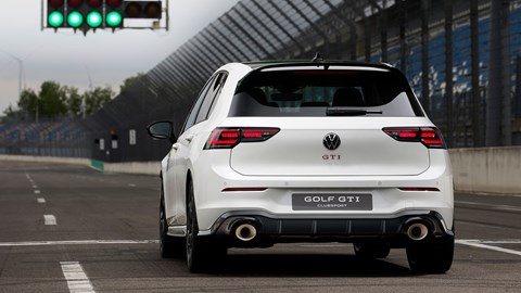 Volkswagen Golf GTI Clubsport facelift: rear three quarter static, low angle, on a racetrack, white paint