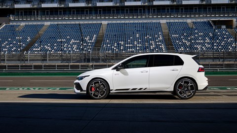 Volkswagen Golf GTI Clubsport facelift: side view static on racetrack straight, white paint