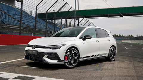 Volkswagen Golf GTI Clubsport facelift: front three quarter static, on a racetrack, white paint