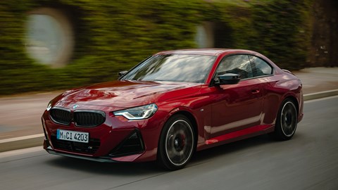 BMW 2 Series refresh: M240i front three quarter driving, red paint