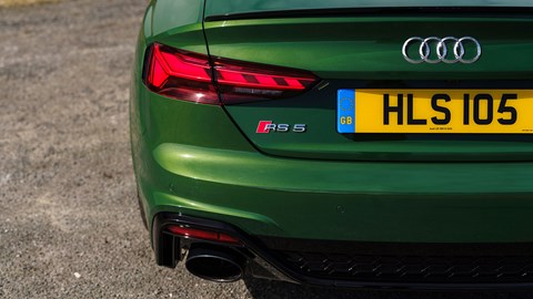 Audi RS5 Sportback: rear badge detail shot, green paint