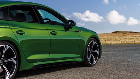 Audi RS5 Sportback: side view static, close up, low angle, green paint