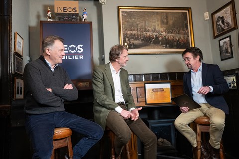 Sir Jim Ratcliffe (middle) interviewed by Richard Hammond at the Fusilier launch