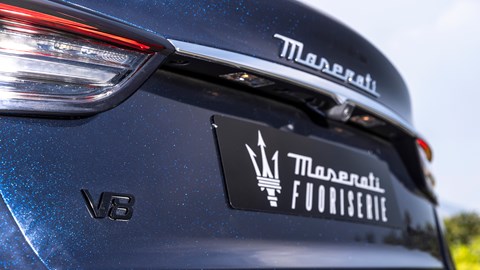 Maserati Quattroporte Grand Finale: rear badge detail shot, blue paint