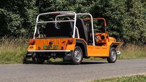 Moke Electric review, rear, low, orange