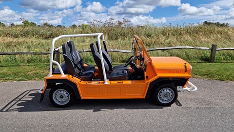 Moke Electric review, side angle, orange