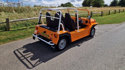 Moke Electric review, rear angle, orange
