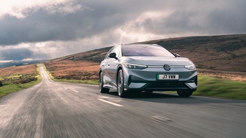 ID.7 tourer UK - front on on the road low angle