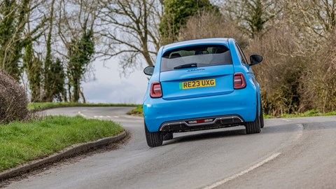 Abarth 500e on the road rear shot