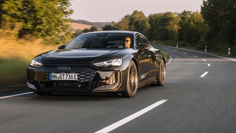 Audi e-Tron GT review - RS Performance, front, driving round corner