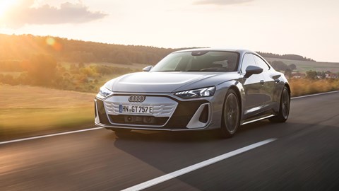 Audi e-Tron GT review - silver S, front, driving