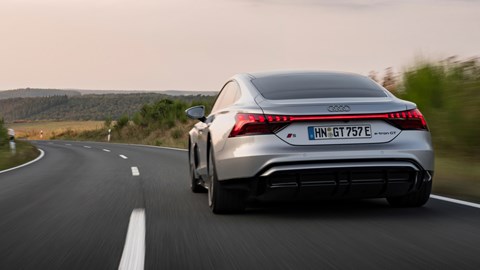 Audi e-Tron GT review - silver S, rear, driving
