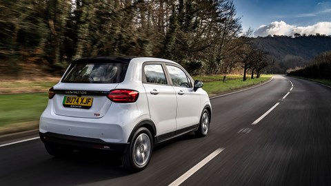 Leapmotor T03 (2025) review: rear three quarter driving, white paint