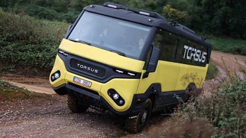 Torsus Praetorian review - front, yellow, driving uphill