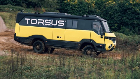 Torsus Praetorian review - side view, yellow, driving off-road