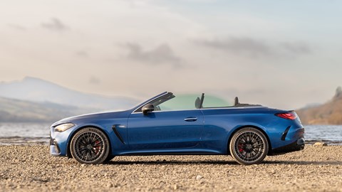 Mercedes-AMG CLE53 Cabriolet: side profile, roof down