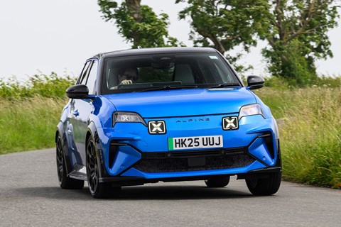 Alpine A290 review, blue, driving, front three quarters | CAR