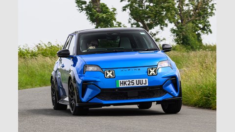 Alpine A290 review, blue, driving, front three quarters | CAR