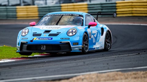 Image of Abbie Eaton driving Porsche 911 GT3 Cup car through Clervaux corner at Croft Circuit