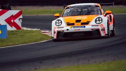 Image of Josh Stanton driving Porsche 911 GT3 Cup car through Tower Bend at Croft Circuit