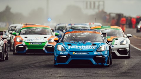 Image of Toby Trice leading leading Porsche Sprint Challenge GB into first corner of race at Croft Circuit