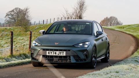 Cupra Leon (2024) review: front three quarter cornering, matte grey paint