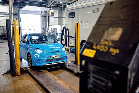 Abarth 500e arrives heavy-duty ramp at Rockingham Cars