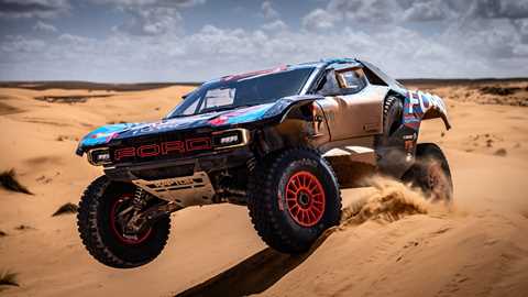 Image of Ford Raptor Dakar Rally car cresting a sand dune