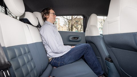 Author CJ Hubbard in back seats of Fiat Grande Panda